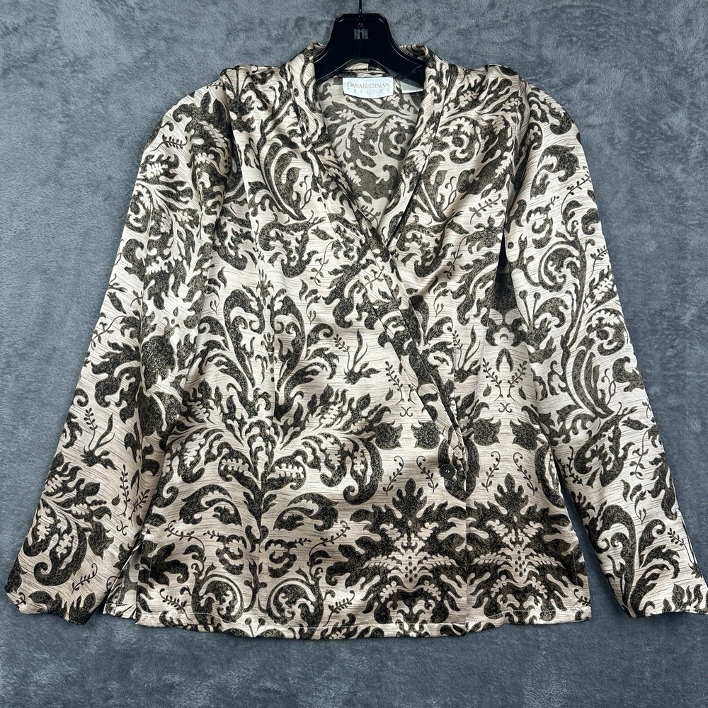 Dana Buchman‎ Silk Blouse Size 6P Petite Wrap Long Sleeve Rose Gold Brown Floral